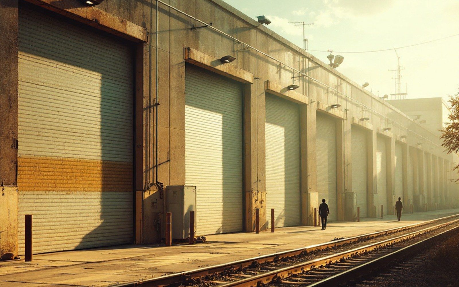 Low warehouse buildings with roller doors near a railway line